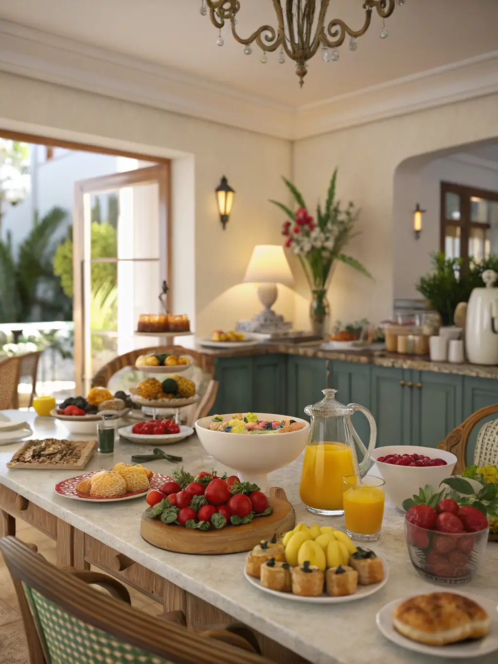 A vibrant photo of the Coco Crest Resort restaurant, showcasing a buffet spread of Goan delicacies with guests enjoying their meals in a relaxed atmosphere.