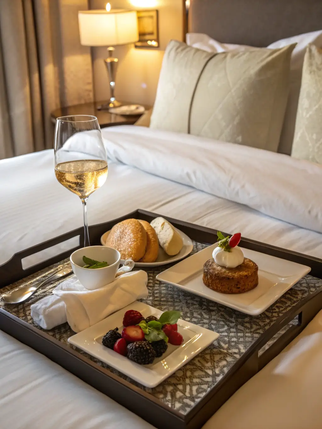 A photograph showcasing a neatly arranged hotel room service setup, featuring a tray with food, drinks, and a menu, placed on a table near a comfortable seating area.