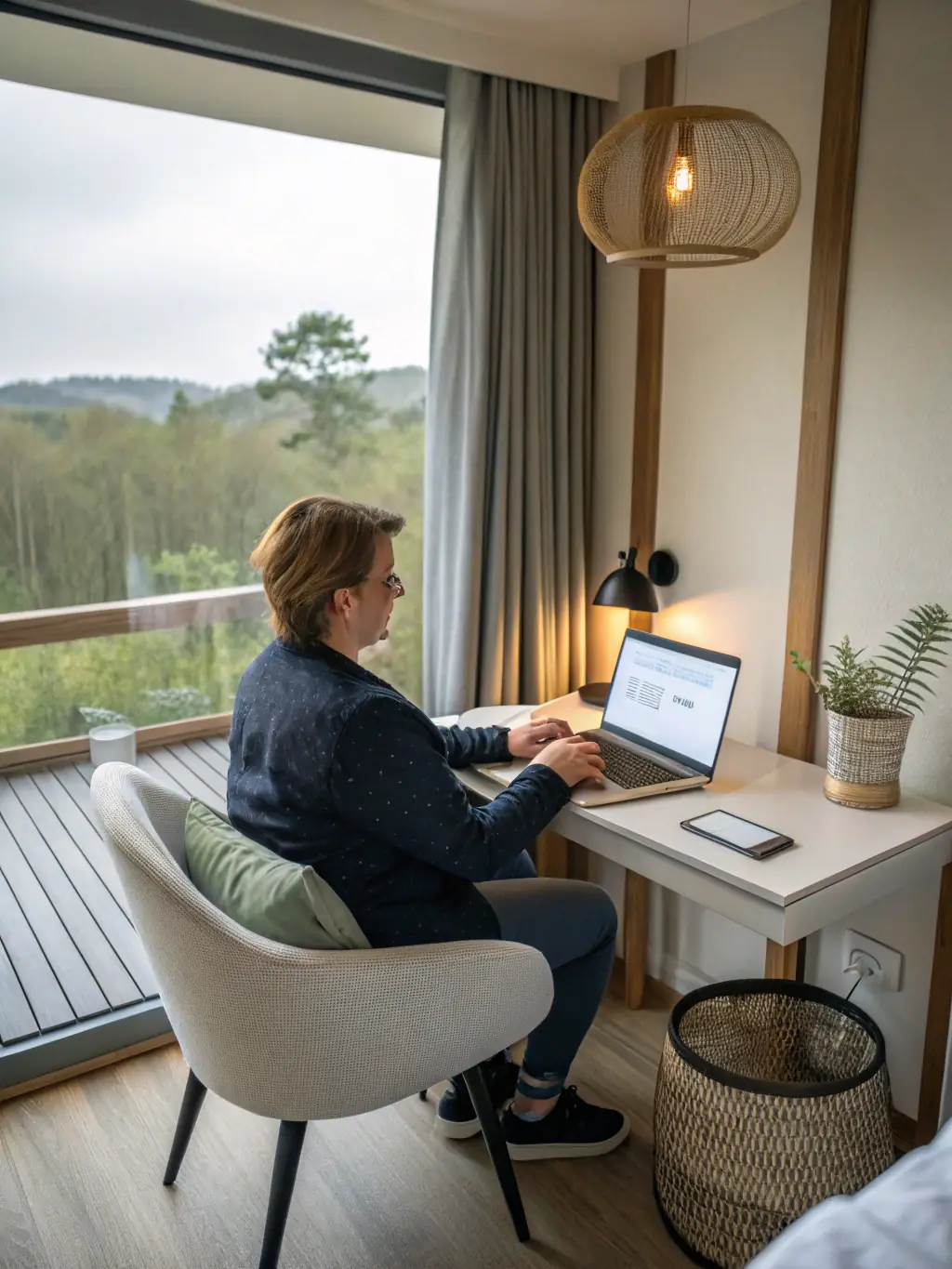 A guest using a laptop in their hotel room, highlighting the convenience of the resort's Wi-Fi connectivity. The image should convey a sense of productivity and ease.
