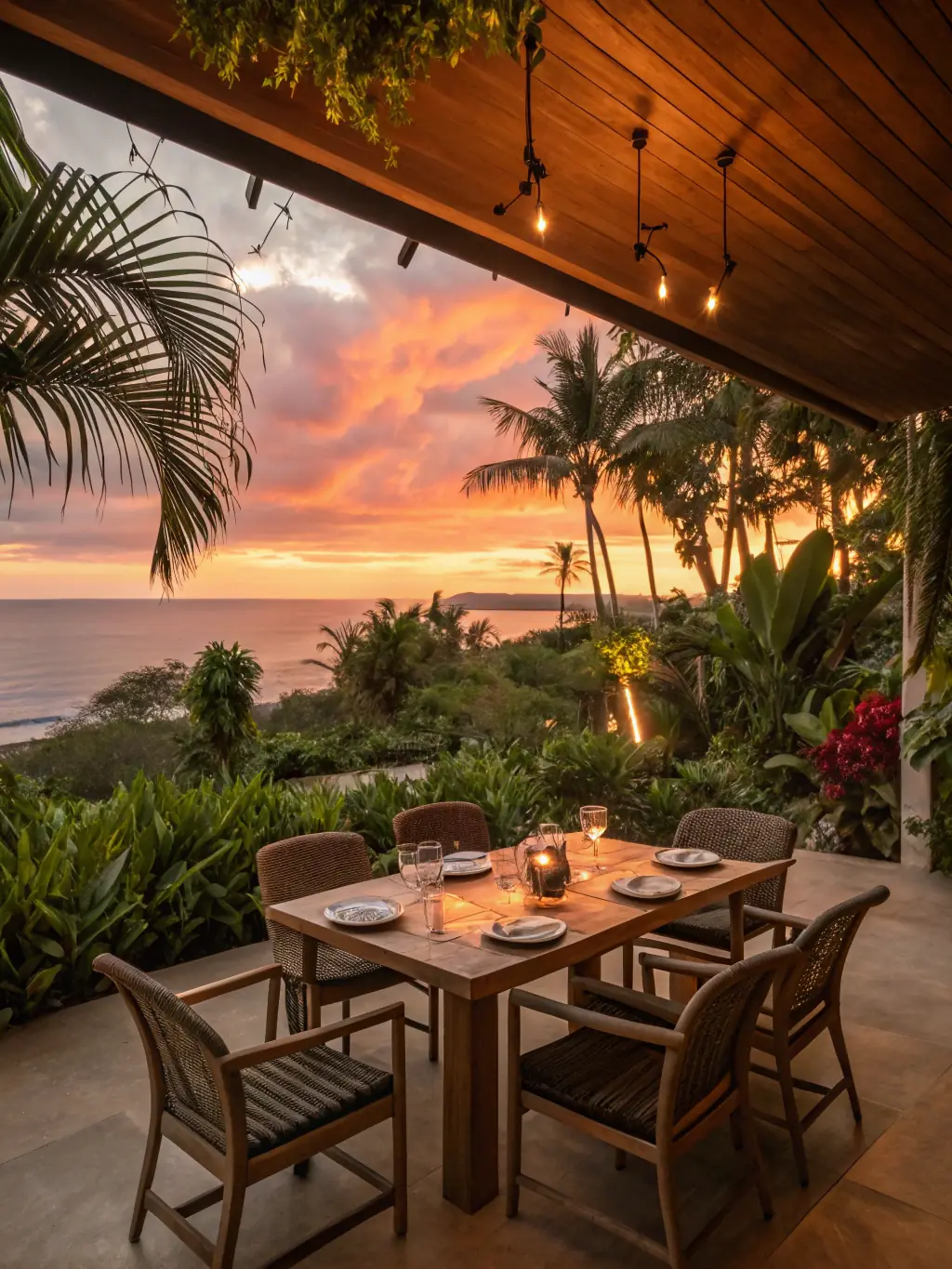 An inviting image of the Coco Crest Resort restaurant's outdoor seating area, with tables set for dinner and soft lighting creating a romantic ambiance.