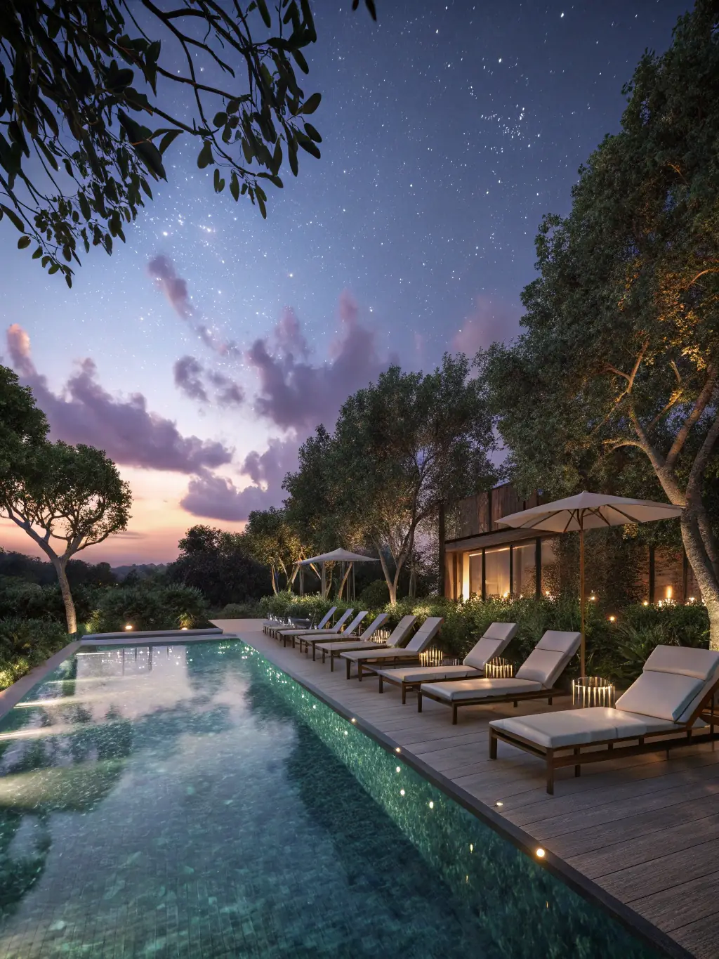A serene image of the Coco Crest Resort swimming pool at dusk, with soft lighting reflecting on the water and comfortable lounge chairs arranged around the pool deck.