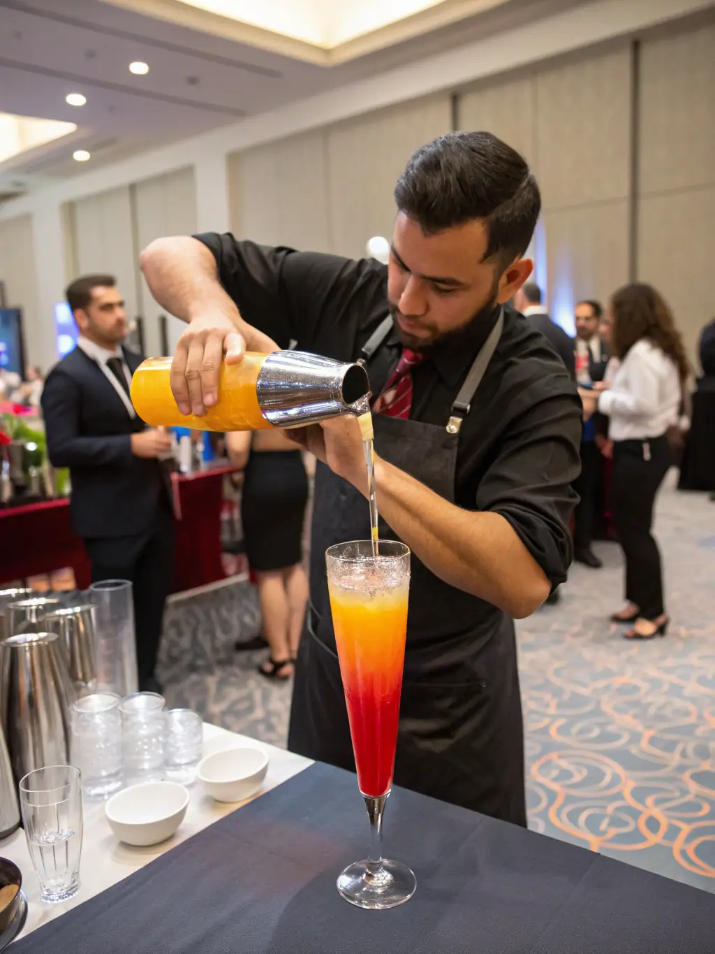 A close-up shot of a bartender preparing a colorful cocktail at the Coco Crest Resort pool bar, with the pool and palm trees in the background.