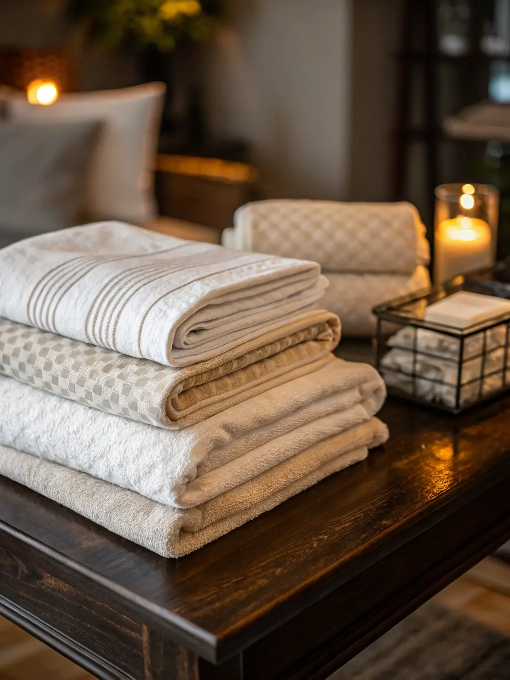 A stack of fresh, clean towels and linens, neatly folded, with a subtle background of laundry equipment, emphasizing the resort's laundry service.